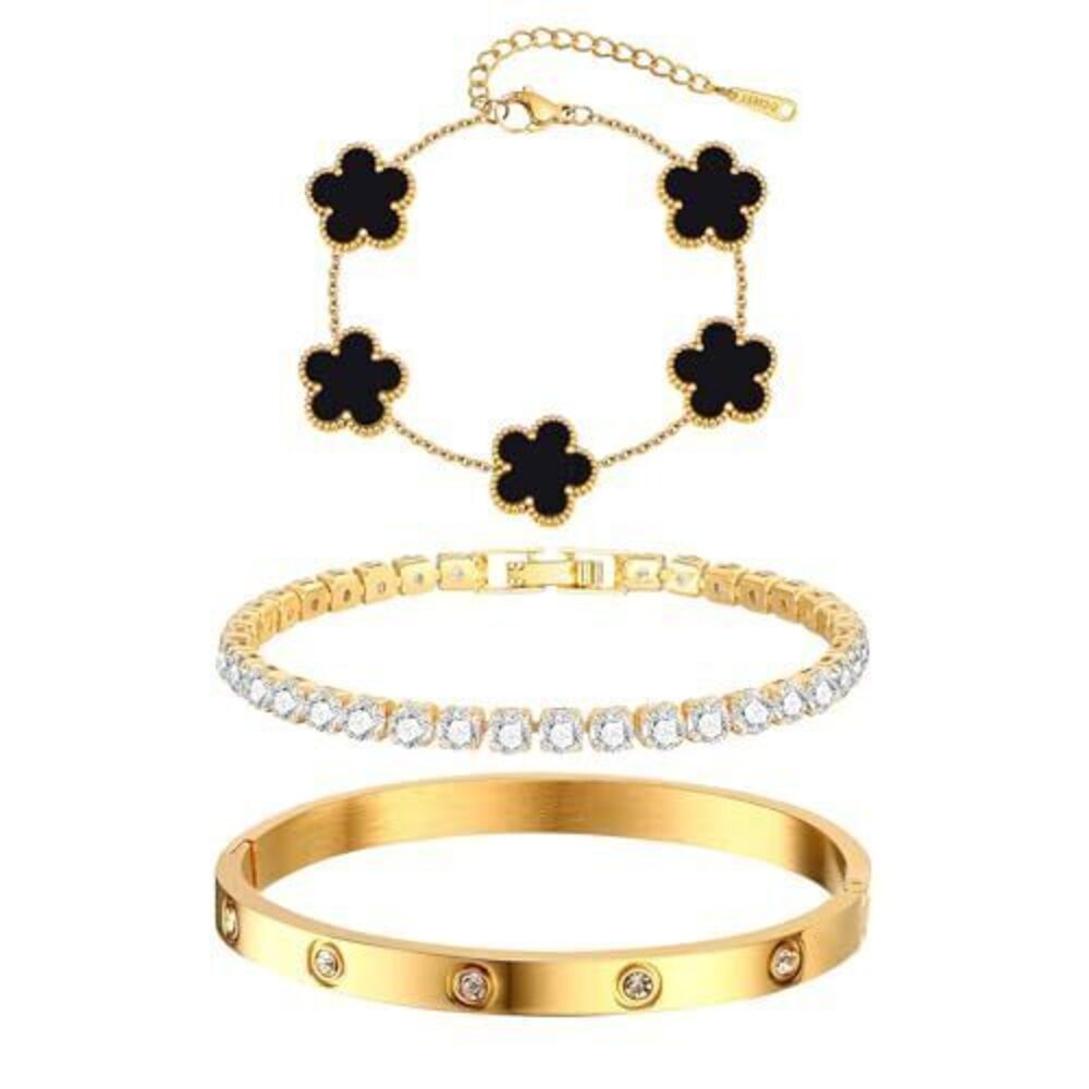 5773 Stackable Floral Gold Bracelets , 3Pcs 18K Gold Plated